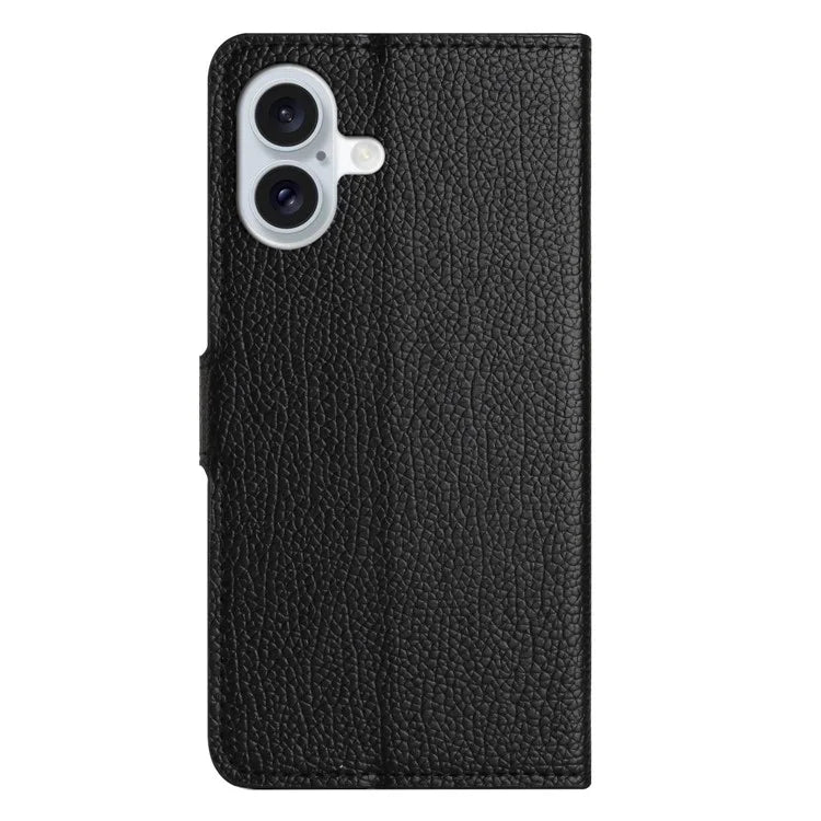 For iPhone 16 Plus Case Litchi Texture PU Leather Wallet Folio Flip Phone Cover, Black