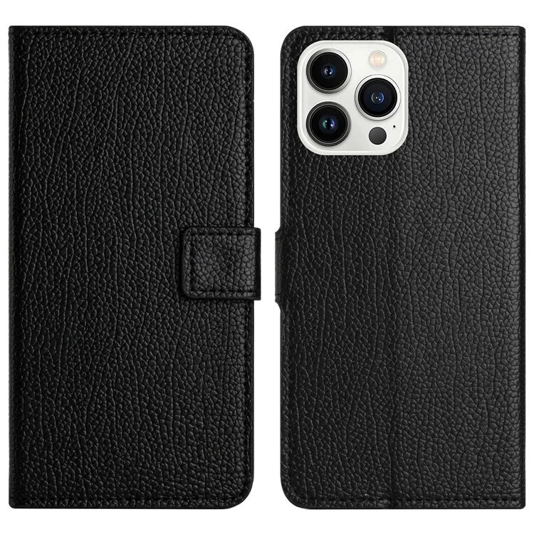 For iPhone 16 Pro Max Case PU Leather Wallet Phone Cover Litchi Texture, Black
