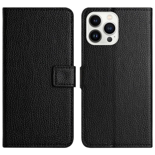 For iPhone 16 Pro Max Case PU Leather Wallet Phone Cover Litchi Texture, Black