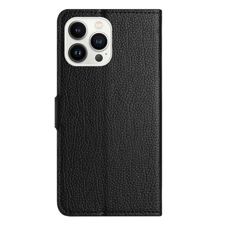 For iPhone 16 Pro Max Case PU Leather Wallet Phone Cover Litchi Texture, Black