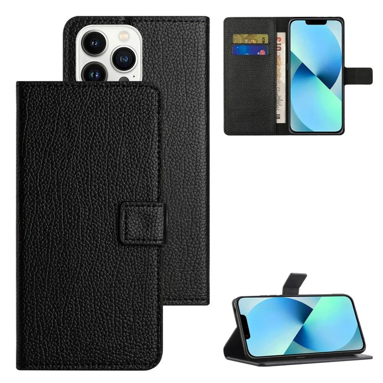 For iPhone 16 Pro Max Case PU Leather Wallet Phone Cover Litchi Texture, Black