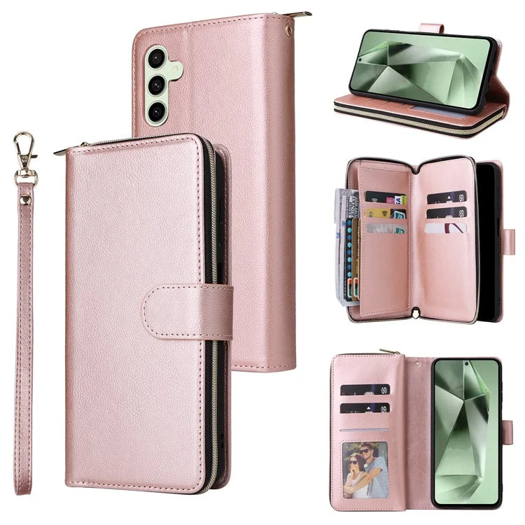 For Samsung Galaxy S24 FE Case Zipper Pocket PU Leather Phone Cover with Hand Strap