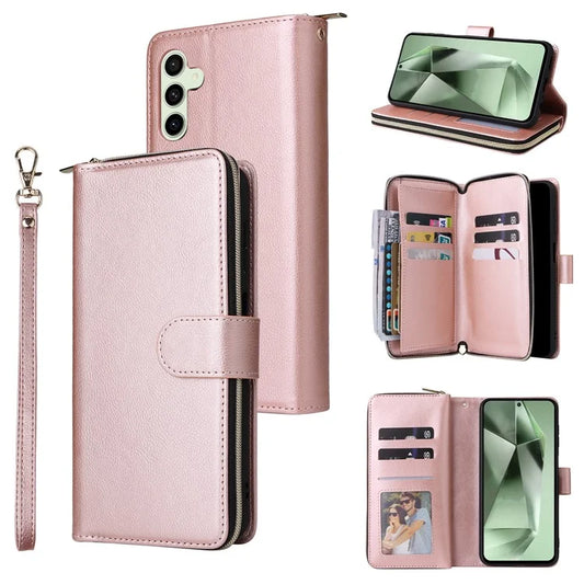 For Samsung Galaxy S24 FE Case Zipper Pocket PU Leather Phone Cover with Hand Strap