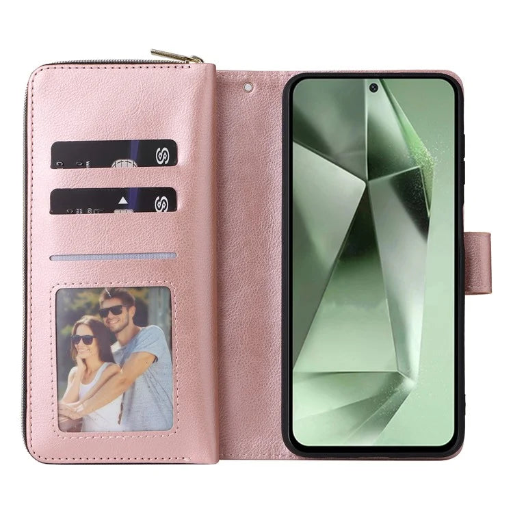 For Samsung Galaxy S24 FE Case Zipper Pocket PU Leather Phone Cover with Hand Strap
