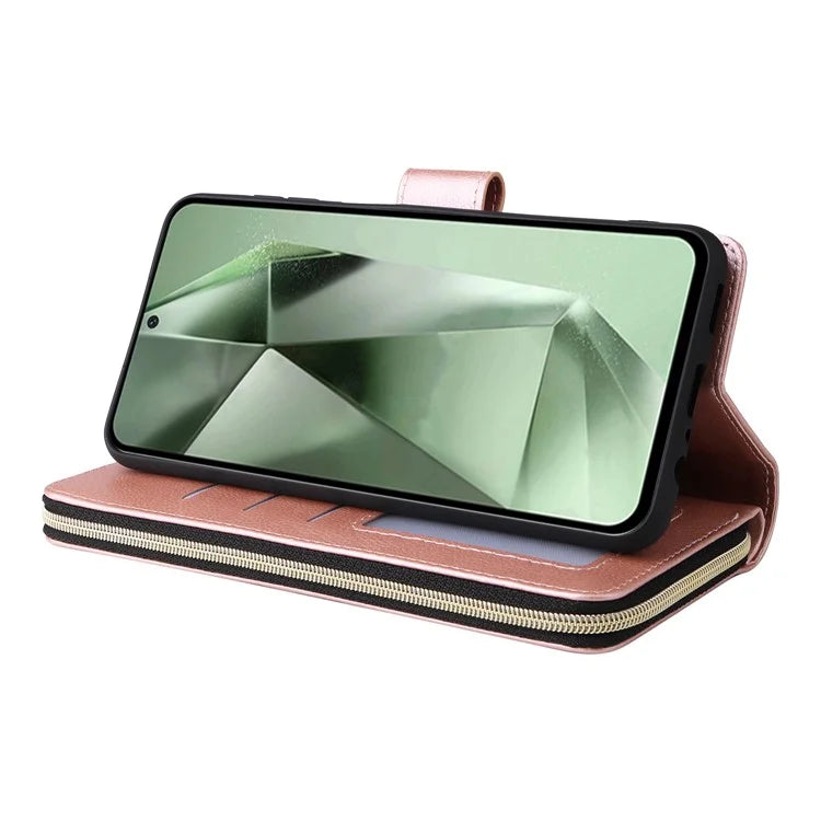 For Samsung Galaxy S24 FE Case Zipper Pocket PU Leather Phone Cover with Hand Strap