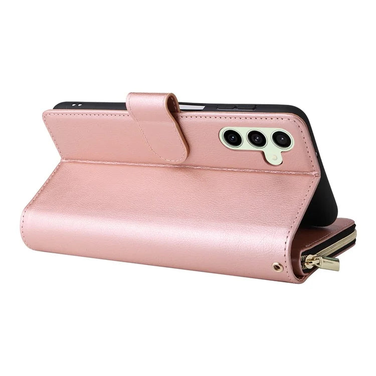 For Samsung Galaxy S24 FE Case Zipper Pocket PU Leather Phone Cover with Hand Strap