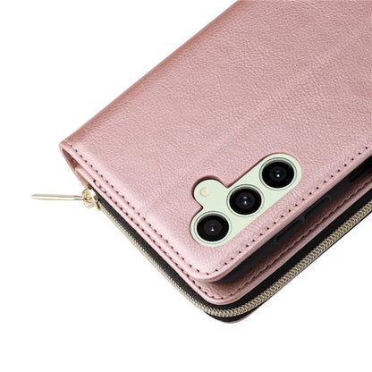 For Samsung Galaxy S24 FE Case Zipper Pocket PU Leather Phone Cover with Hand Strap