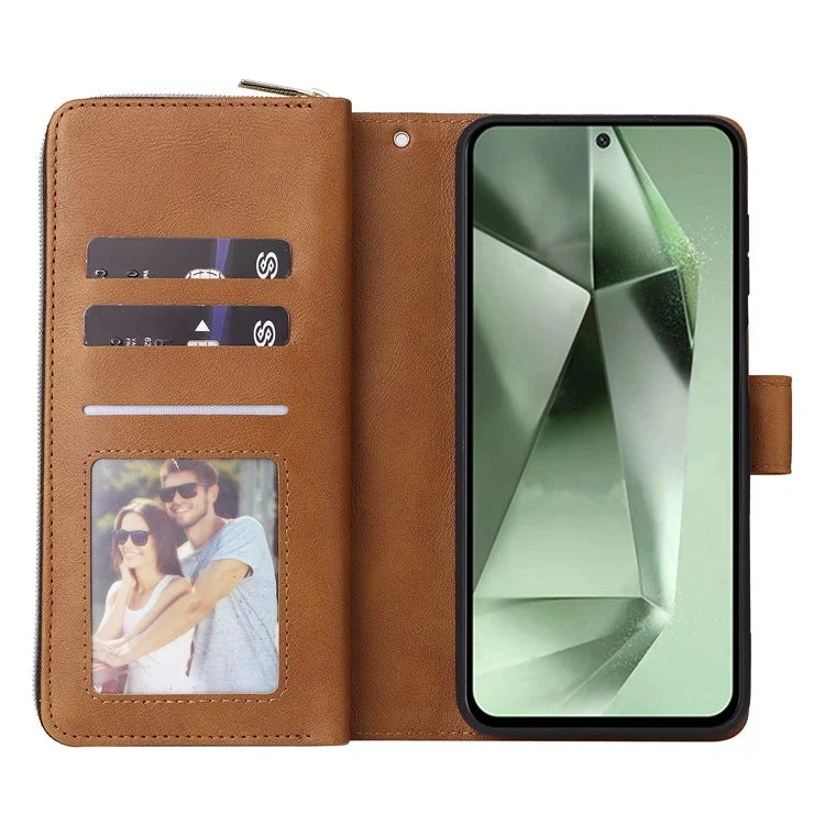 For Samsung Galaxy S24 FE Case Zipper Pocket PU Leather Phone Cover with Hand Strap