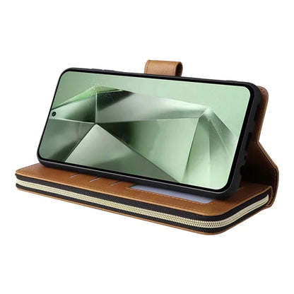 For Samsung Galaxy S24 FE Case Zipper Pocket PU Leather Phone Cover with Hand Strap