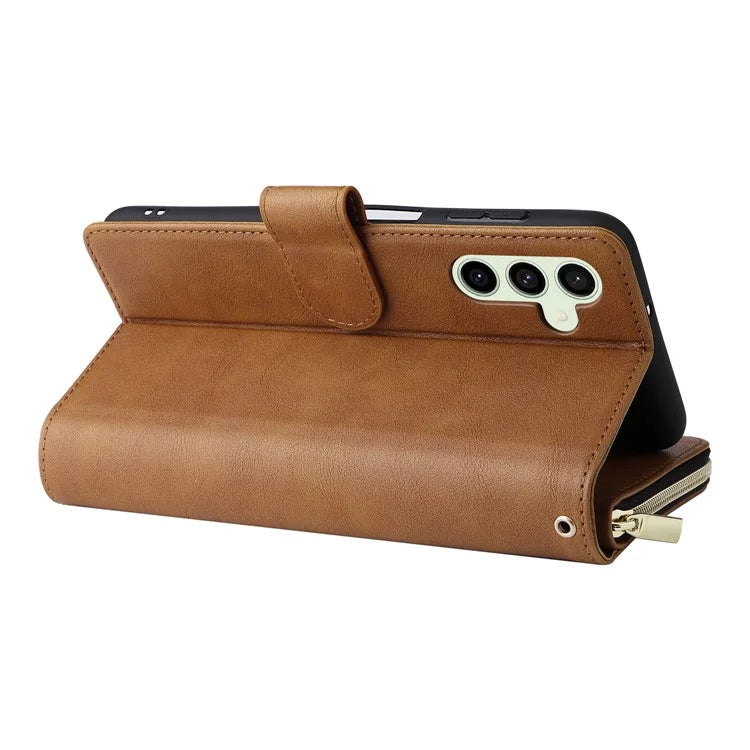 For Samsung Galaxy S24 FE Case Zipper Pocket PU Leather Phone Cover with Hand Strap