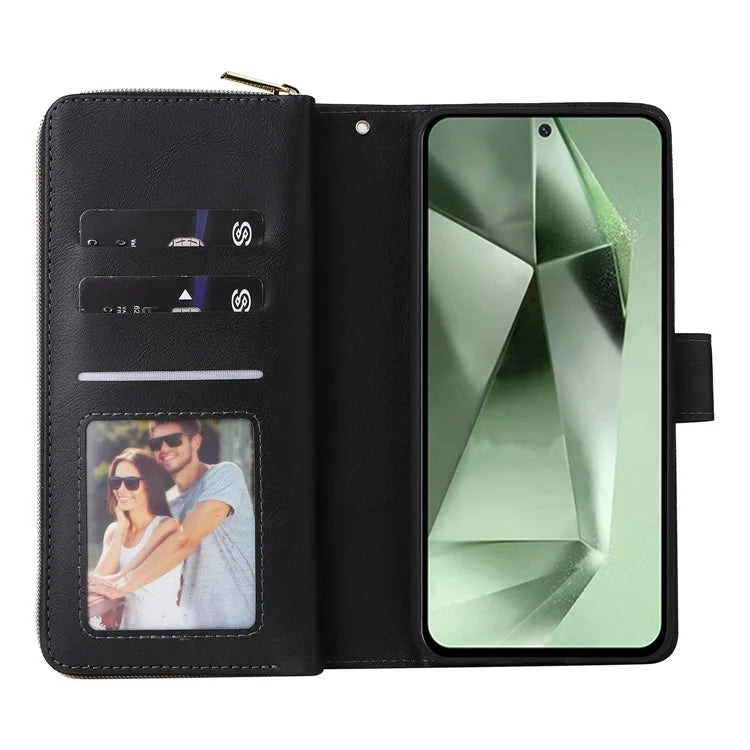 For Samsung Galaxy S24 FE Case Zipper Pocket PU Leather Phone Cover with Hand Strap