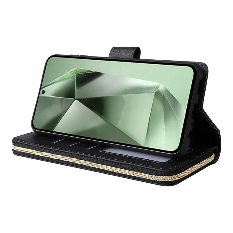 For Samsung Galaxy S24 FE Case Zipper Pocket PU Leather Phone Cover with Hand Strap