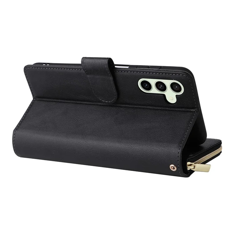 For Samsung Galaxy S24 FE Case Zipper Pocket PU Leather Phone Cover with Hand Strap