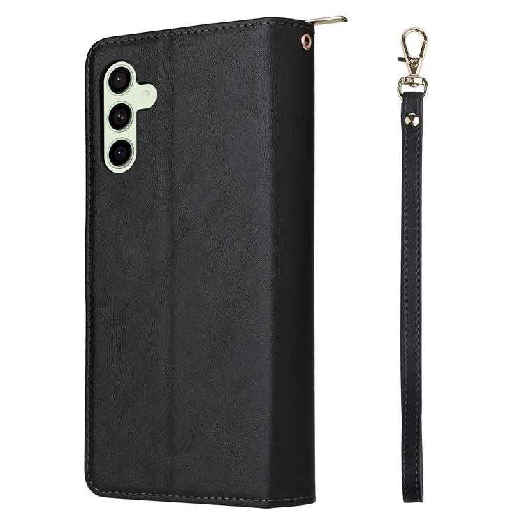 For Samsung Galaxy S24 FE Case Zipper Pocket PU Leather Phone Cover with Hand Strap