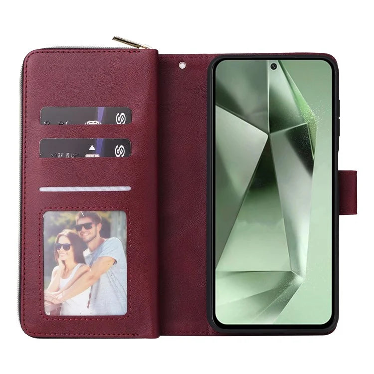 For Samsung Galaxy S24 FE Case Zipper Pocket PU Leather Phone Cover with Hand Strap