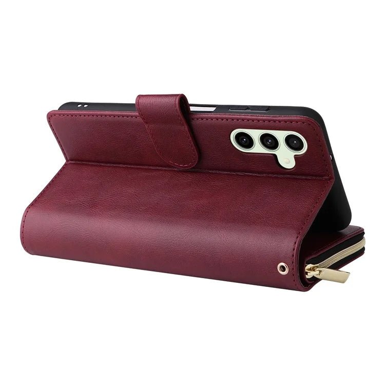 For Samsung Galaxy S24 FE Case Zipper Pocket PU Leather Phone Cover with Hand Strap