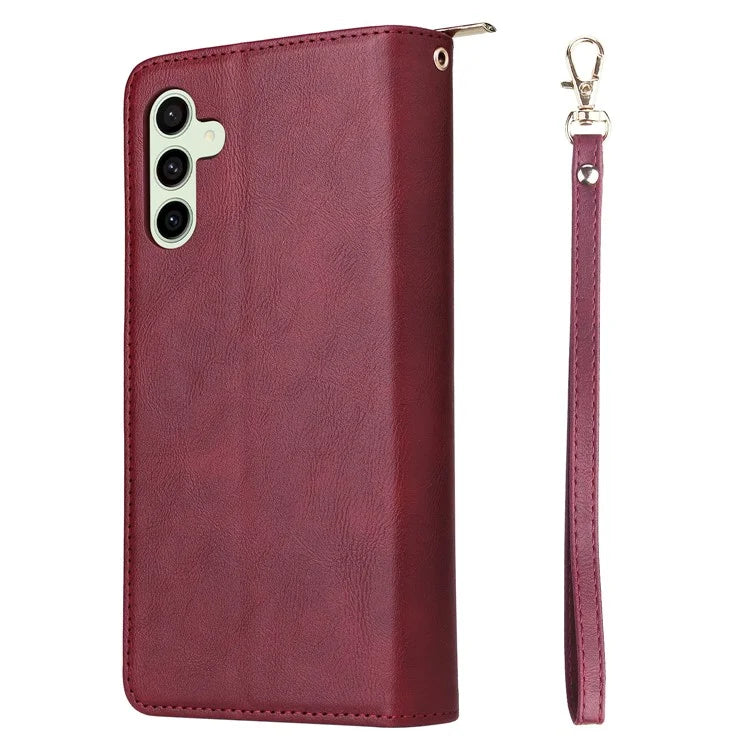 For Samsung Galaxy S24 FE Case Zipper Pocket PU Leather Phone Cover with Hand Strap