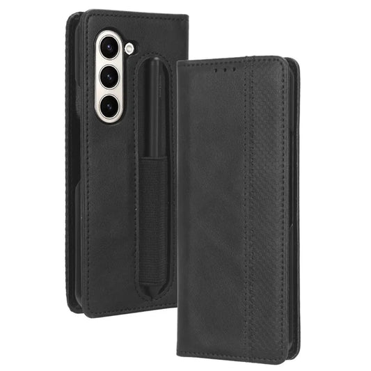 For Samsung Galaxy Z Fold6 5G Case with Pencil Holder Retro PU Leather Phone Cover