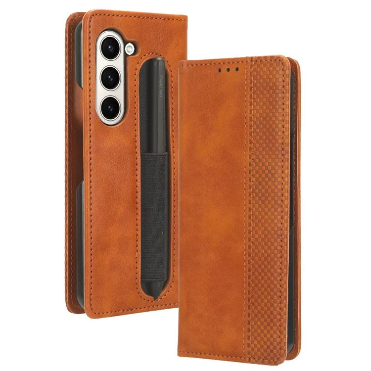 For Samsung Galaxy Z Fold6 5G Case with Pencil Holder Retro PU Leather Phone Cover