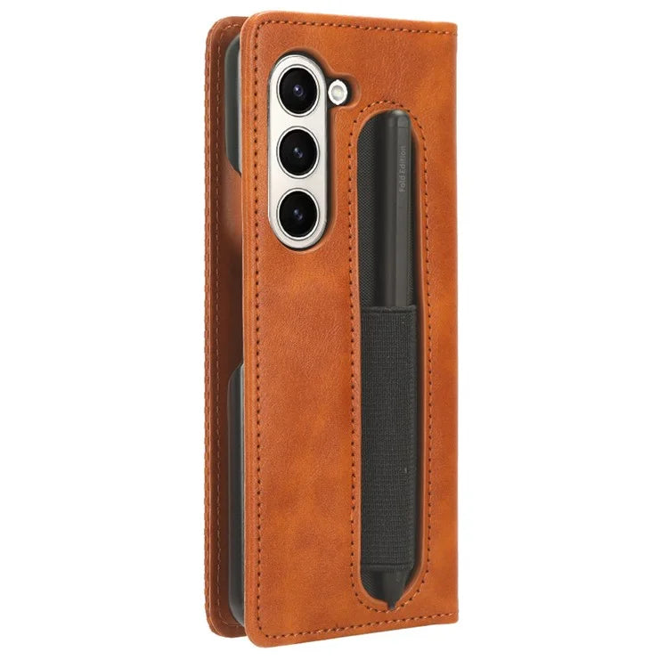 For Samsung Galaxy Z Fold6 5G Case with Pencil Holder Retro PU Leather Phone Cover