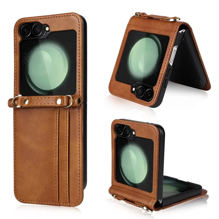 For Samsung Galaxy Z Flip6 5G Case Card Slots Leather Phone Cover with Lanyard