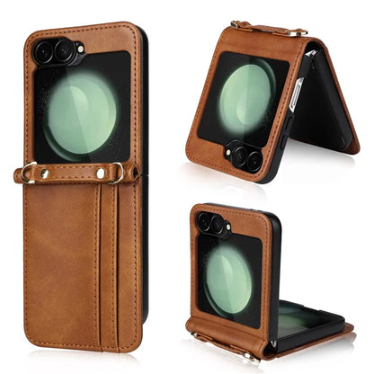 For Samsung Galaxy Z Flip6 5G Case Card Slots Leather Phone Cover with Lanyard