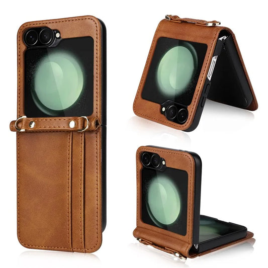 For Samsung Galaxy Z Flip6 5G Case Card Slots Leather Phone Cover with Lanyard