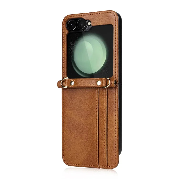 For Samsung Galaxy Z Flip6 5G Case Card Slots Leather Phone Cover with Lanyard