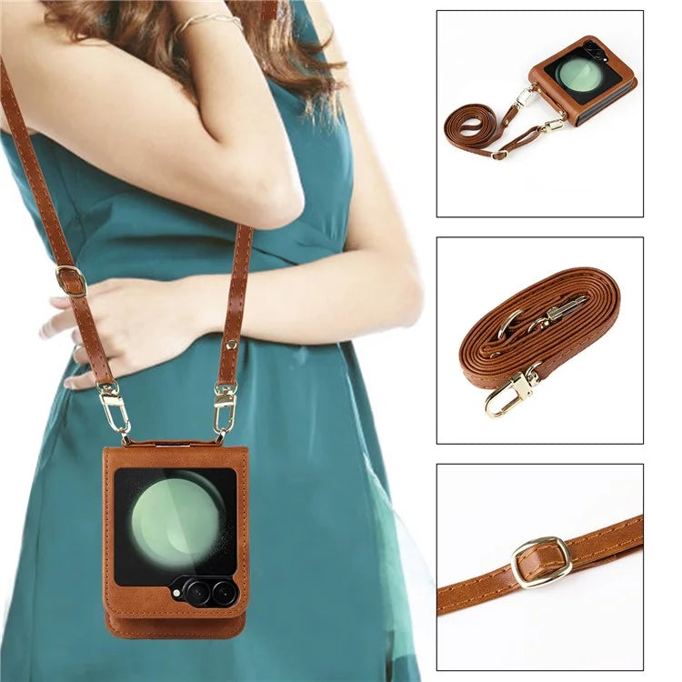 For Samsung Galaxy Z Flip6 5G Case Card Slots Leather Phone Cover with Lanyard