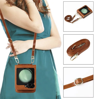 For Samsung Galaxy Z Flip6 5G Case Card Slots Leather Phone Cover with Lanyard
