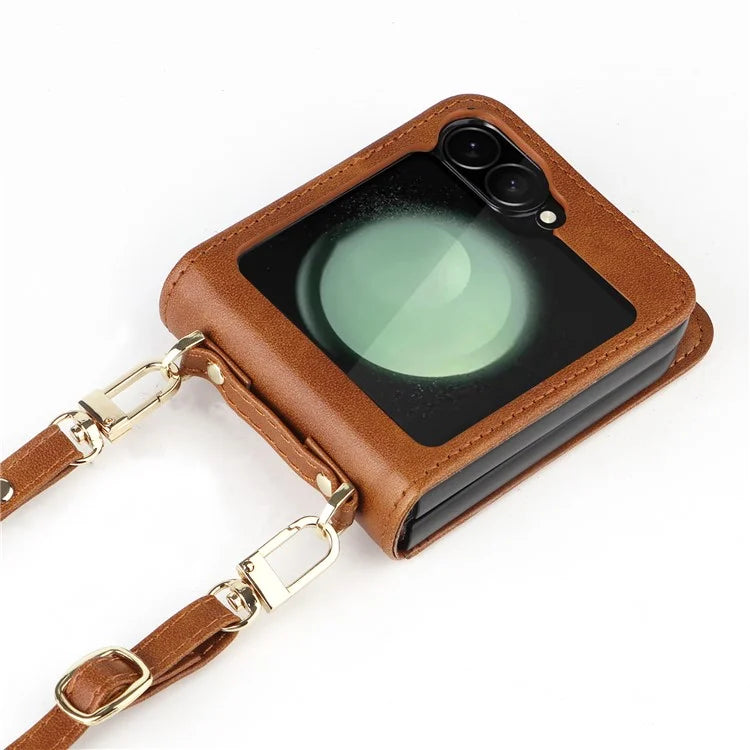 For Samsung Galaxy Z Flip6 5G Case Card Slots Leather Phone Cover with Lanyard