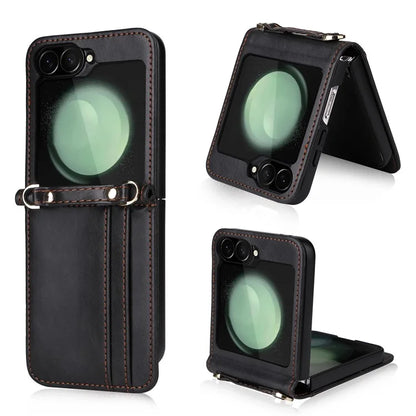 For Samsung Galaxy Z Flip6 5G Case Card Slots Leather Phone Cover with Lanyard