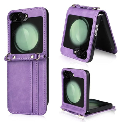 For Samsung Galaxy Z Flip6 5G Case Card Slots Leather Phone Cover with Lanyard
