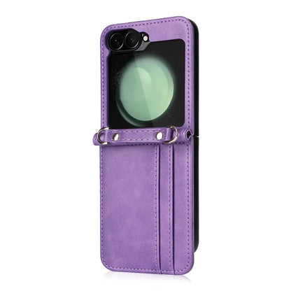 For Samsung Galaxy Z Flip6 5G Case Card Slots Leather Phone Cover with Lanyard