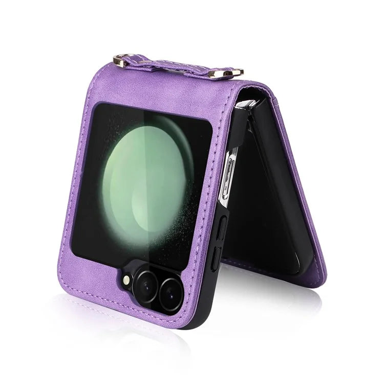 For Samsung Galaxy Z Flip6 5G Case Card Slots Leather Phone Cover with Lanyard