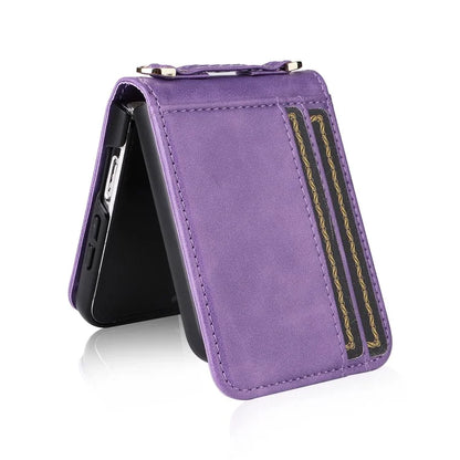 For Samsung Galaxy Z Flip6 5G Case Card Slots Leather Phone Cover with Lanyard
