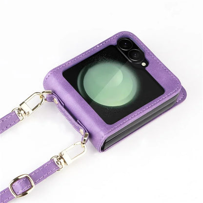 For Samsung Galaxy Z Flip6 5G Case Card Slots Leather Phone Cover with Lanyard