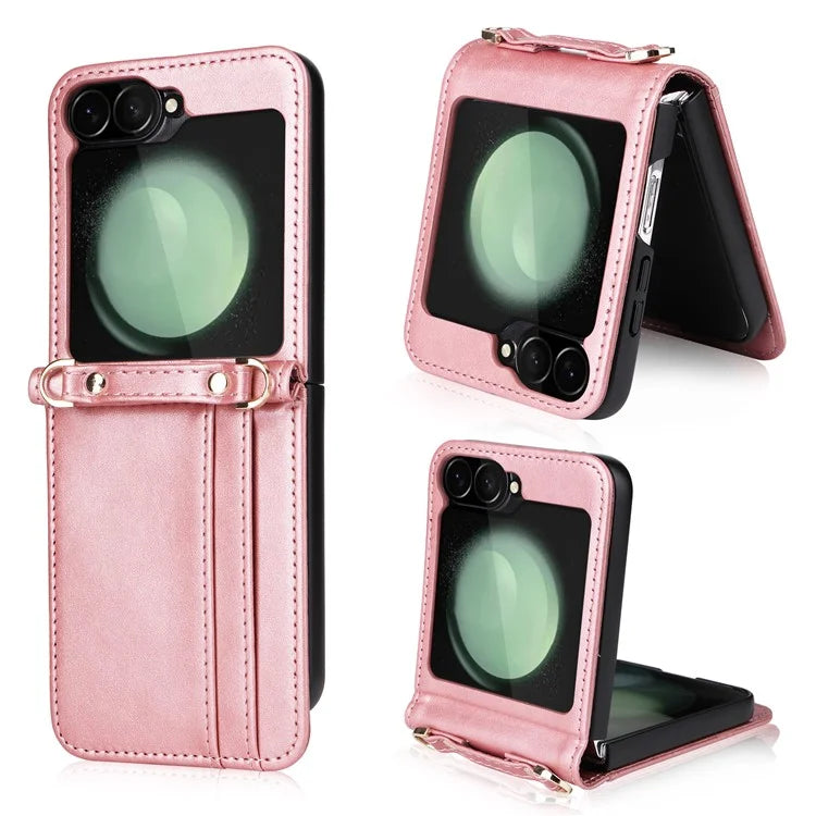 For Samsung Galaxy Z Flip6 5G Case Card Slots Leather Phone Cover with Lanyard