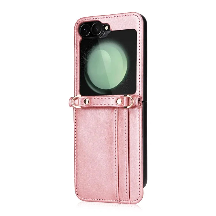 For Samsung Galaxy Z Flip6 5G Case Card Slots Leather Phone Cover with Lanyard
