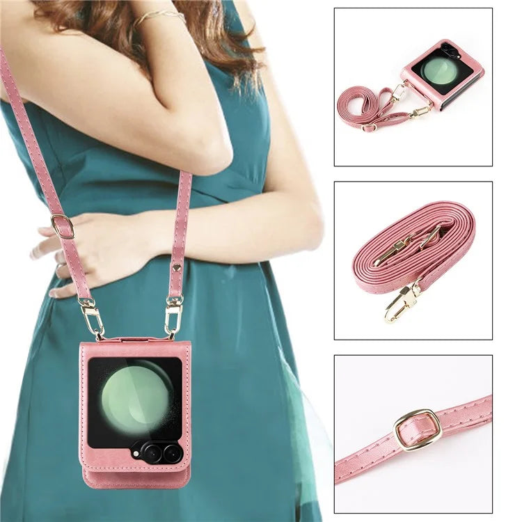 For Samsung Galaxy Z Flip6 5G Case Card Slots Leather Phone Cover with Lanyard