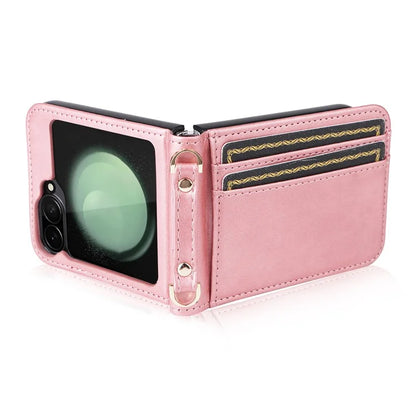 For Samsung Galaxy Z Flip6 5G Case Card Slots Leather Phone Cover with Lanyard