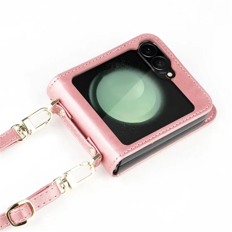 For Samsung Galaxy Z Flip6 5G Case Card Slots Leather Phone Cover with Lanyard