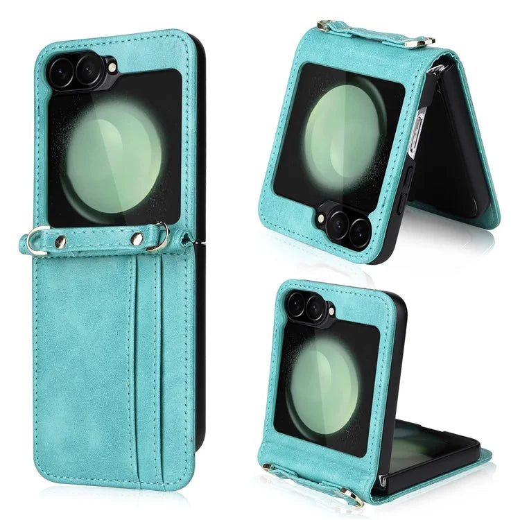 For Samsung Galaxy Z Flip6 5G Case Card Slots Leather Phone Cover with Lanyard