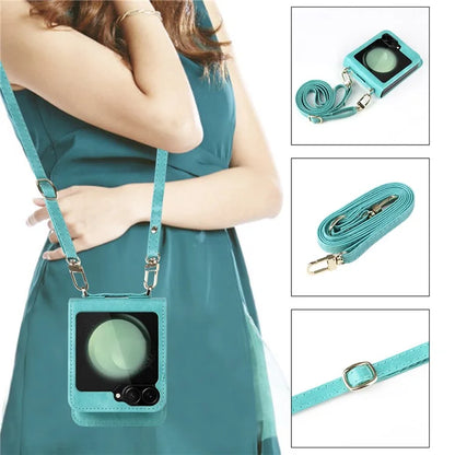 For Samsung Galaxy Z Flip6 5G Case Card Slots Leather Phone Cover with Lanyard