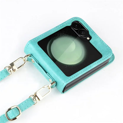For Samsung Galaxy Z Flip6 5G Case Card Slots Leather Phone Cover with Lanyard