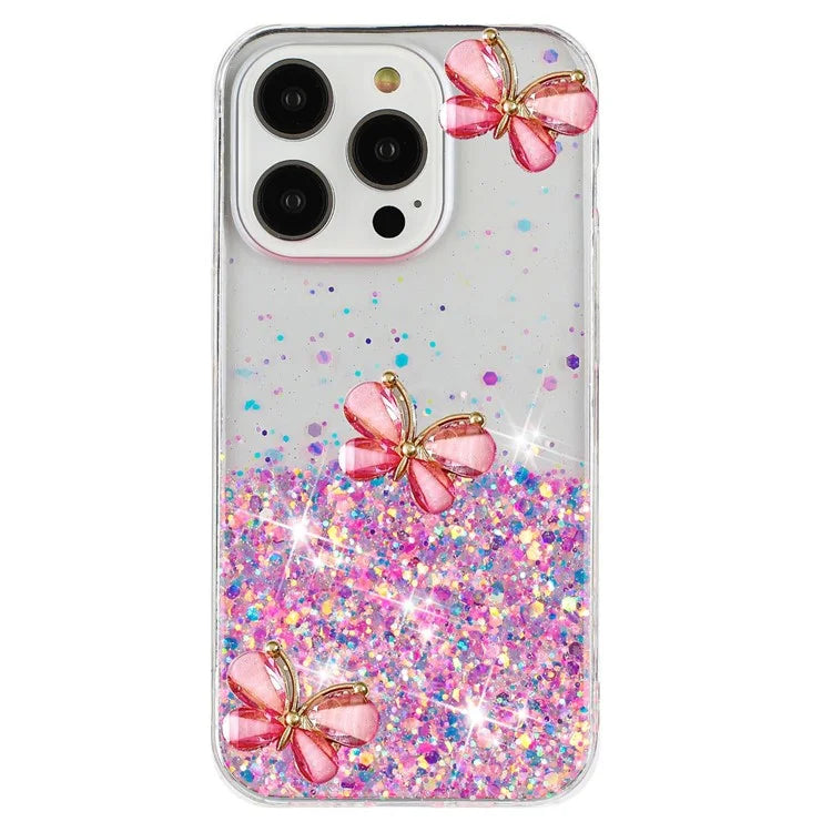 For iPhone 16 Pro Max Case Luminous Effect Sparkle 3D Butterfly TPU Phone Cover