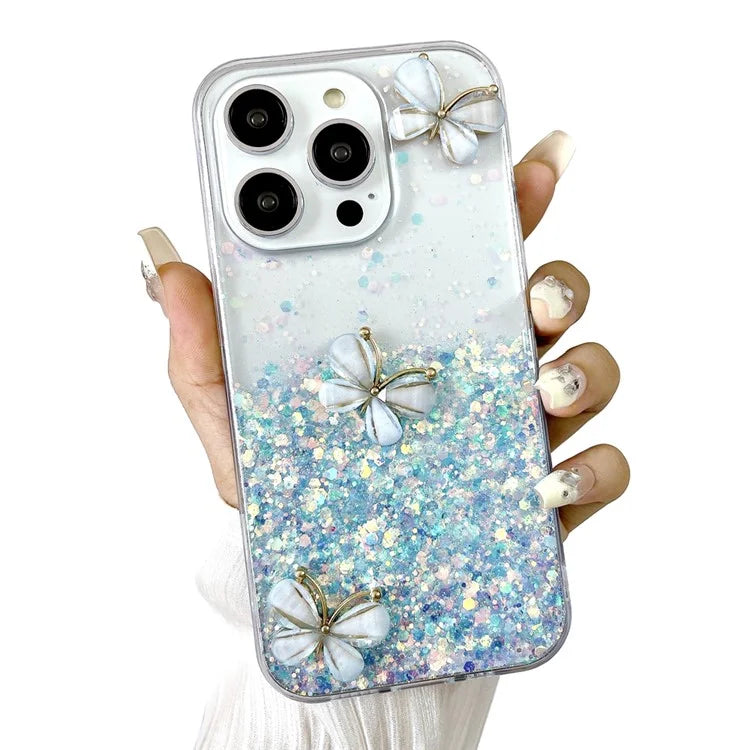 For iPhone 16 Pro Max Case Luminous Effect Sparkle 3D Butterfly TPU Phone Cover