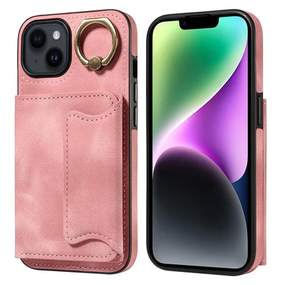 001 For iPhone 14 Case Card Holder Leather+TPU Ring Kickstand Shockproof Cover