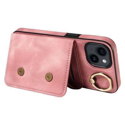 001 For iPhone 14 Case Card Holder Leather+TPU Ring Kickstand Shockproof Cover