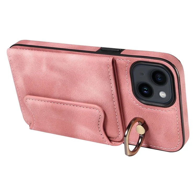001 For iPhone 14 Case Card Holder Leather+TPU Ring Kickstand Shockproof Cover